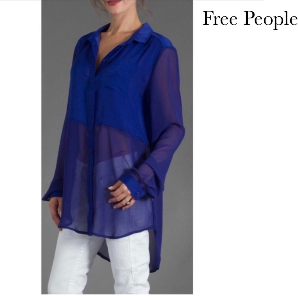 Free People royal blue sheer tunic/blouse